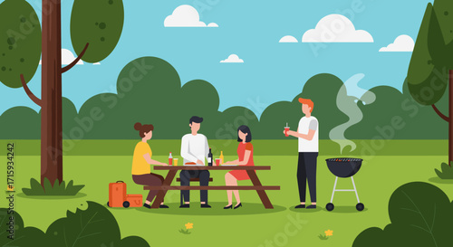 Family enjoying picnic in sunny park with barbecue and lush greenery