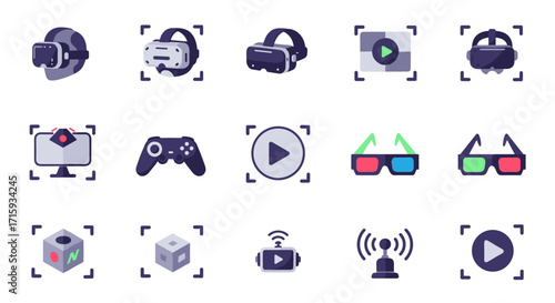 Virtual reality and gaming icons set with controllers and headsets