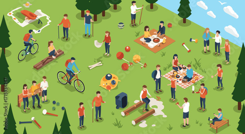 Community park gathering with families enjoying outdoor activities and picnics