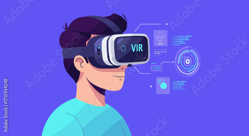Virtual reality experience with futuristic headset and interactive graphics