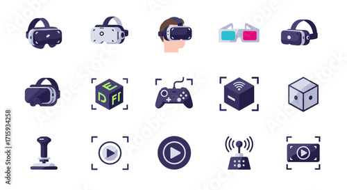 Virtual reality and gaming icons set featuring devices and symbols in flat style