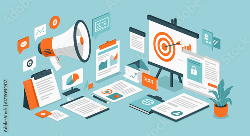 Modern isometric digital marketing strategy with analytics and target goals