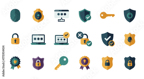Security icons collection with shields, locks, and keys in flat design
