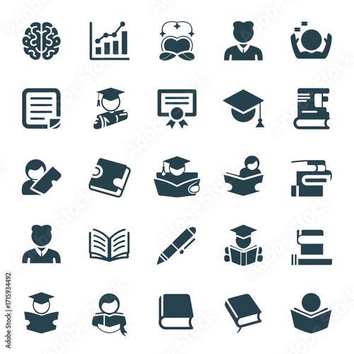 Collection of 25 diverse education and learning icons for professional use vector eps silhouette vector illustration white background