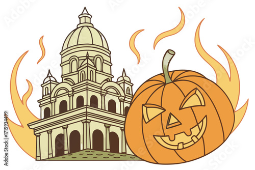 Orange JackoLantern with Carved Face Classical Domed Building and Stylized Flames Illustration.