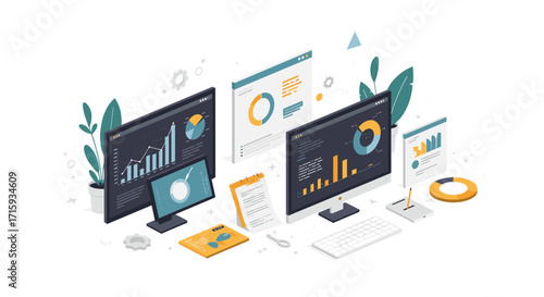 Modern isometric workspace with data analytics and technology elements