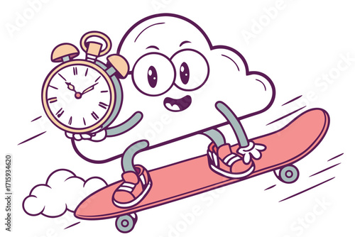Playful cartoon cloud character riding a red skateboard holding a vintage alarm clock outlined in purple.