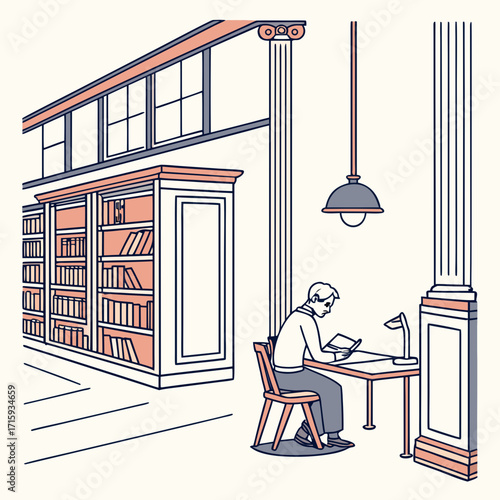 A man sits at a desk reading a book in a library with tall bookshelves and classical columns