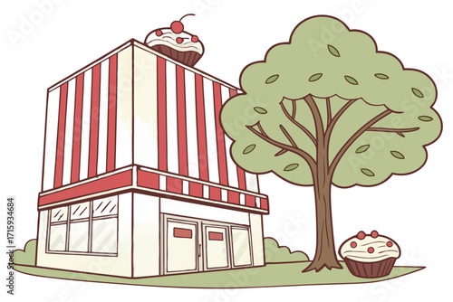 Playful cartoon bakery building with red striped facade topped with a cherry cupcake.