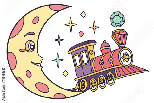 Playful Cartoon Crescent Moon with Smiling Face and Red Purple Toy Train Sparkling Stars Green Gem.