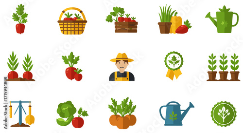 Organic farming icons set featuring vegetables, farmer, and gardening tools in a flat design