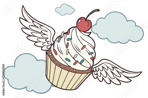 Playful winged cupcake with creamy white frosting colorful sprinkles and a vibrant red cherry.