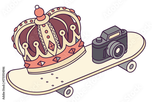 Playful vector illustration of a skateboard carrying a regal crown and a retro camera.