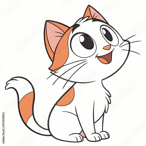 Adorable cartoon kitten with orange patches looking up with a happy expression and wide eyes