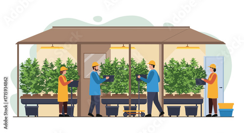 Indoor plant cultivation with workers in modern facility