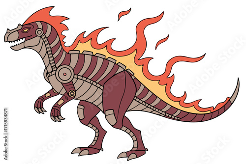 Powerful robotic dinosaur with fiery crest segmented body and mechanical details illustration.