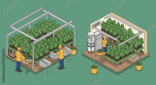 Isometric indoor and outdoor cannabis cultivation with workers in protective gear
