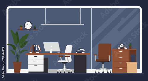 Modern office interior with desks, chairs, and plants in flat design