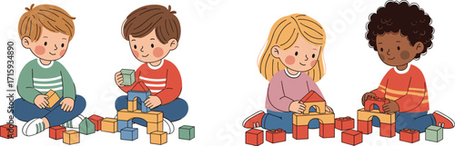 Kids playing with blocks, children building toys, educational activity illustration, teamwork learning concept, preschool playtime vector, creative development cartoon design