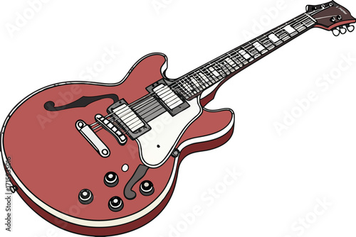 Red SemiHollow Electric Guitar with FHoles and White Pickguard in Cartoon Vector Style.