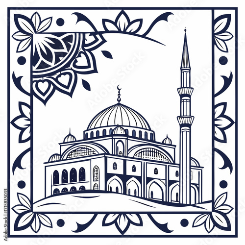 Elegant islamic mosque with minaret and dome framed by decorative floral ornate border