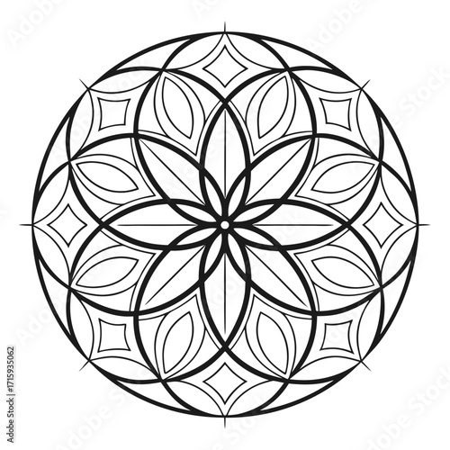 Intricate geometric mandala design with repeating petal and diamond shapes in black and white