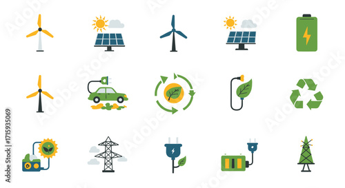 Renewable energy icons set featuring wind, solar, and recycling symbols in flat design