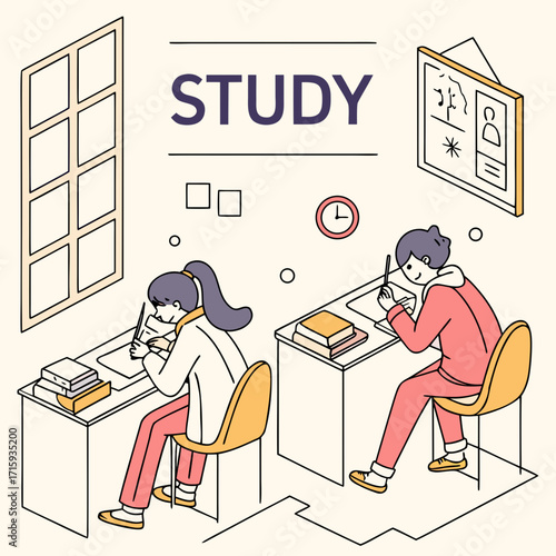 Two students diligently studying at their desks in a classroom or library setting focused on learning
