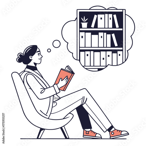 Woman reading a book and dreaming of a bookshelf filled with knowledge and stories