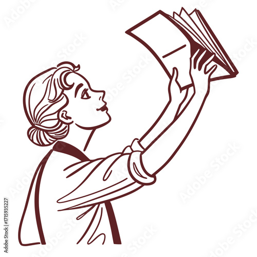 Vintage style illustration of a young woman holding up a book and looking at it with curiosity and interest