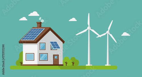 Eco-friendly home with solar panels and wind turbines for renewable energy
