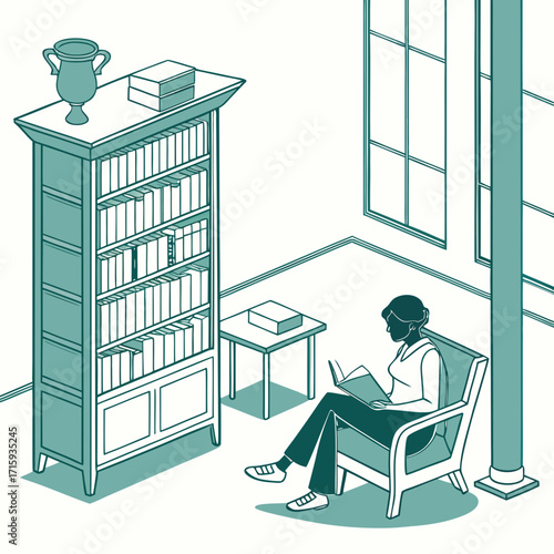 Woman reading a book in a comfortable armchair next to a tall bookshelf filled with books