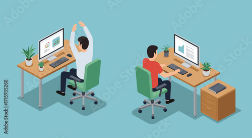 Isometric office workers with desks and computers in home workspace setup