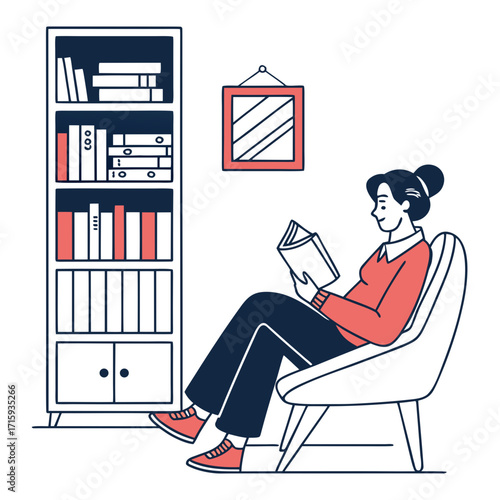 Woman relaxing in comfortable chair reading a book next to a tall bookshelf filled with books