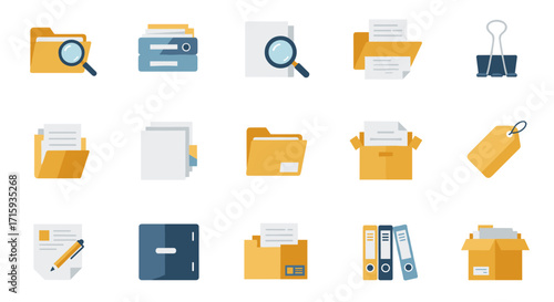 Flat design office icons set with folders, documents, and stationery elements
