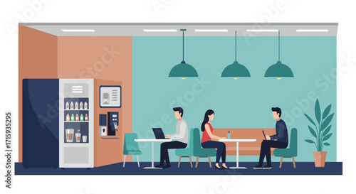 Modern office lounge with coffee vending machine and professionals working