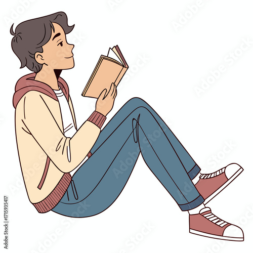 Young person sitting cross legged reading a book enjoying a quiet moment of solitude and learning
