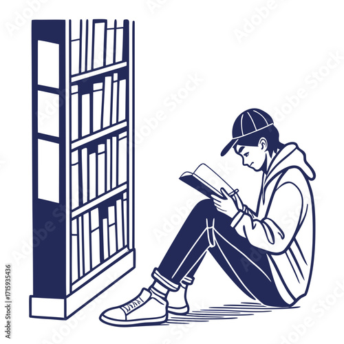 Young person wearing a baseball cap and hoodie sits on the floor reading a book next to a bookshelf
