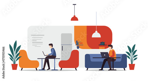 Modern coworking space with minimalist design and comfortable furniture