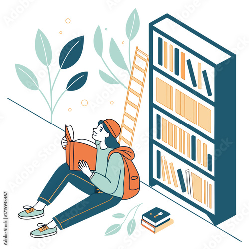 Young person with backpack reading a book while sitting next to a bookshelf with a ladder