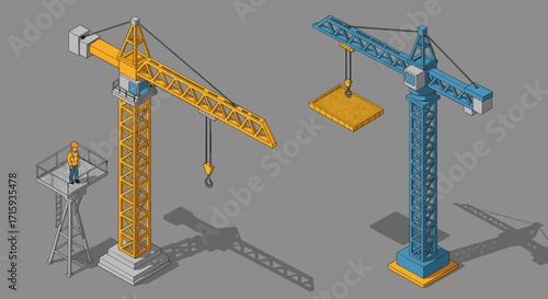 Isometric construction cranes with operator on platform in gray background