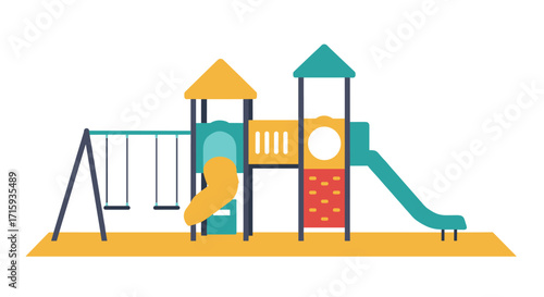 Colorful playground equipment with swings and slide in flat design