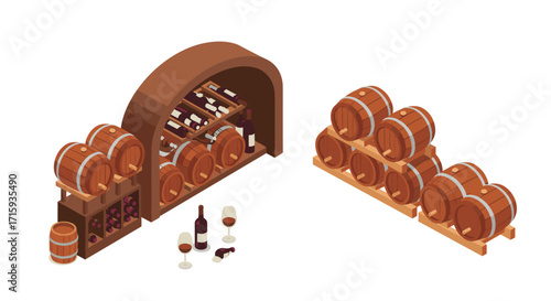 Isometric wine cellar with barrels and bottles in wooden racks
