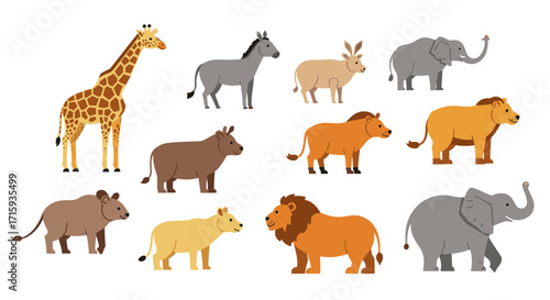 Colorful cartoon zoo animals collection for kids: lion, giraffe, elephant, and more