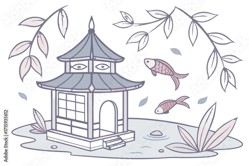 Stylized Asian pagoda twotiered roof pointed finial with koi fish swimming in pond delicate leaves soft pastel colors 119 characters OK.