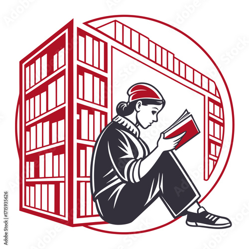 Young woman wearing a red bandana reads a book while sitting next to a large bookshelf