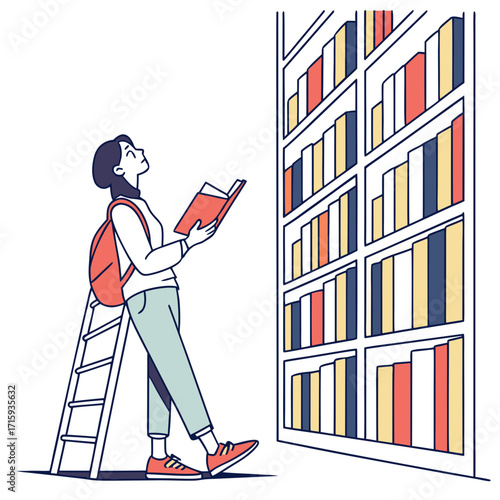 Young woman with backpack on a ladder reading a book in a library with colorful books on shelves