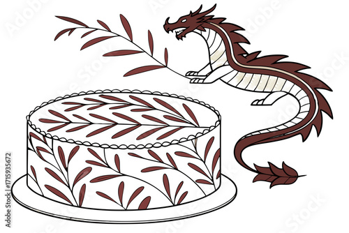Stylized Brown Dragon with Horns and Spiky Back Guarding White LeafPatterned Cake.