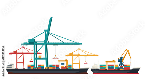 Container ships and cranes at port in flat design style