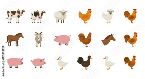 Collection of farm animals in flat design on white background